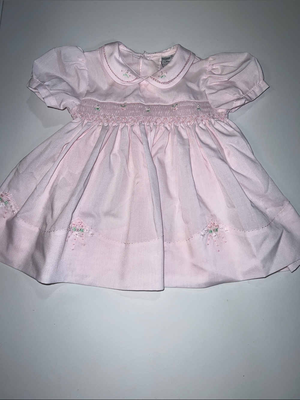 Friedknit Creations - 3m, Pink Smocked Dress with Floral Embroidery